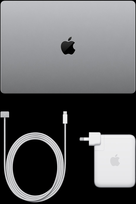 MacBook Pro with PROLED XDR Display, silver colour, top, closed, USB-C charging cable and power adapter