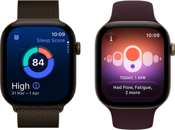 Два часовника Apple Watch Series 12: алуминиев корпус в цвят тъмен бронз, кръгова графика за резултат от съня, Digital Crown, верижка тип Milanese Loop в цвят тъмен бронз; алуминиев корпус в цвят светлозлатисто, Проследяване на цикъла, спортна каишка в цвят бордо