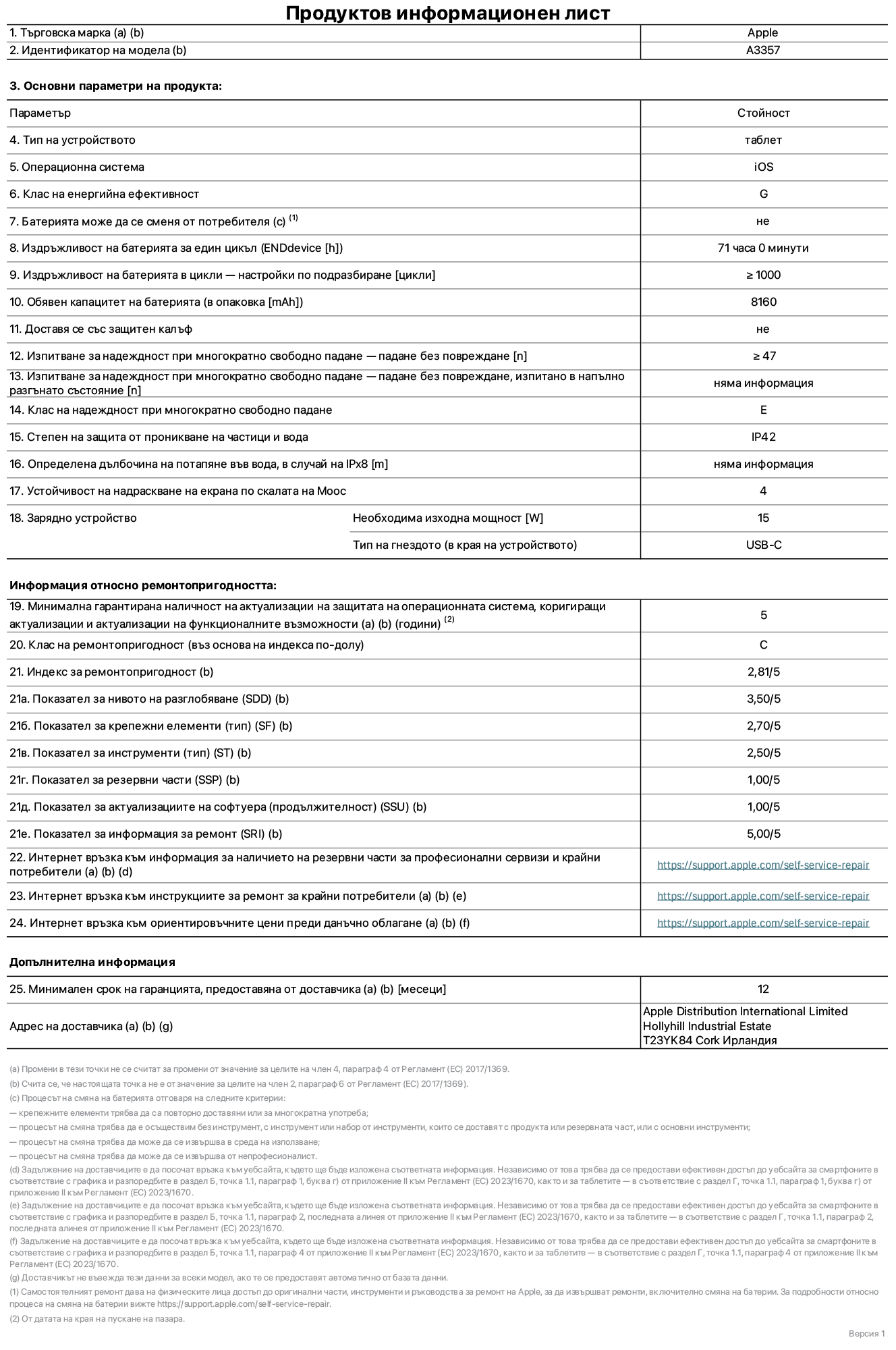 Продуктов информационен лист за 11-инчов iPad Pro M5 Wi-Fi, модел A3357. Доставено от Apple Distribution International Limited, Hollyhill Industrial Estate. Корк, Ирландия, T23 YK84. Тип устройство: таблет. Операционна система: iOS. Клас на енергийна ефективност: G. Батерията може да се сменя от потребителя: не. Издръжливост на батерията за един цикъл: 71 часа. Издръжливост на батерията в цикли – настройки по подразбиране: повече или равно на 1000. Обявен капацитет на батерията: 8160 mAh. Доставя се със защитен калъф: не. Тест за надеждност при многократно свободно падане – падане без повреждане: по-голямо или равно на 47. Изпитване за надеждност при многократно свободно падане – падане без повреждане, тествано в напълно разгънато състояние: не е приложимо. Клас на надеждност при многократно свободно падане: Е. Степен на защита от проникване на частици и вода: IP42. Посочена дълбочина на потапяне във вода, в случай на iPx8: не е приложимо. Устойчивост на надраскване на екрана по скалата на твърдост на Моос: 4. Необходима изходна мощност на зарядното устройство: 15 вата. Тип на гнездото за зарядно устройство (в края на устройството): USB-C. Минимална гарантирана наличност на актуализации за сигурност на операционната система, коригиращи актуализации и актуализации на функционалността: 5 години. Клас на ремонтопригодност: C. Индекс на ремонтопригодност: 2,81/5. Показател за нивото на разглобяване (SDD): 3,50/5. Показател за крепежните елементи: 2,70/5. Показател за инструменти: 2,50/5. Показател за резервни части: 1,00/5. Показател за актуализации на софтуера: 1,00/5. Показател за информация за ремонт: 5,00/5. Уебвръзка към информация за наличността на резервни части за професионални сервизи и крайни потребители: https://support.online-now.beer/self-service-repair. Уебвръзка към инструкции за ремонт за крайни потребители: https://support.online-now.beer/self-service-repair. Уебвръзка към ориентировъчни цени преди данъци: https://support.online-now.beer/self-service-repair. Предлага се 12-месечна обща гаранция.