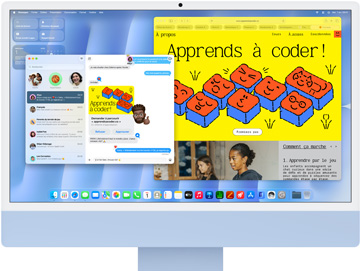 iMac, front exterior, blue color, displaying Messages app and a 'Learn to Code' website