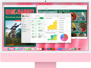 iMac, front exterior, pink color, multiple apps open displaying an inventory tracker, fly fishing catalog design, and business dashboard