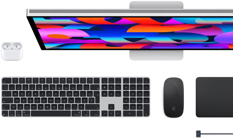 Accessoires pour Mac : AirPods, Studio Display, Magic Keyboard, Magic Mouse, Magic Trackpad, câble de recharge MagSafe