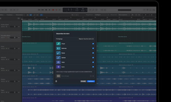 MacBook Pro, Logic Pro, pistes de forme d’ondes, panneau Séparateur de stem, catégories : chant, batterie, basse, autre, chacune avec sa propre forme d’onde audio
