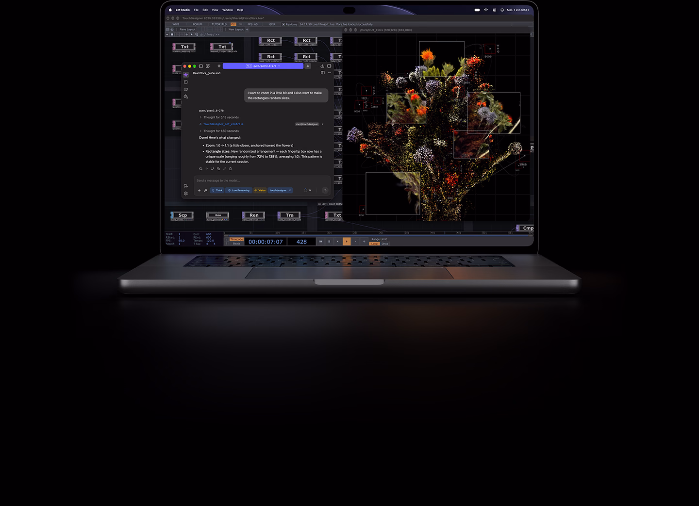 MacBook Pro 16 pouces avec écran PROLED XDR, couleur argent, écran affichant une image en cours de création avec TouchDesigner et LM Studio