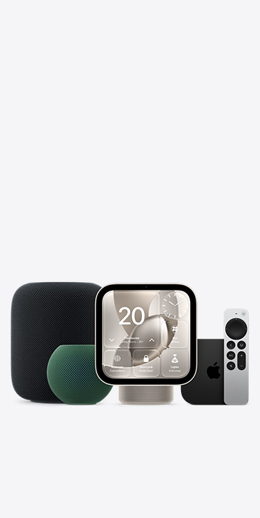 Apple Home devices, including HomePod in midnight color, HomePod mini 2 in green color, Apple HomeView, starlight color (pale gold), showing Home app, and Apple TV 4K with Siri Remote