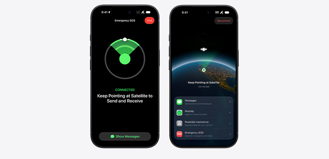 Two iPhone models side by side, display showing Messages and Find My widgets available via Satellite, iPhone screen showing Emergency SOS in use