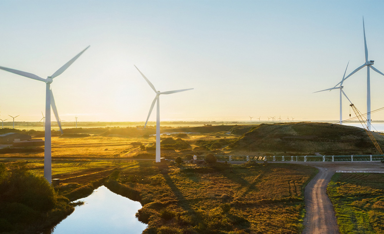 Energiatermelő szélturbinákkal tarkított mező.