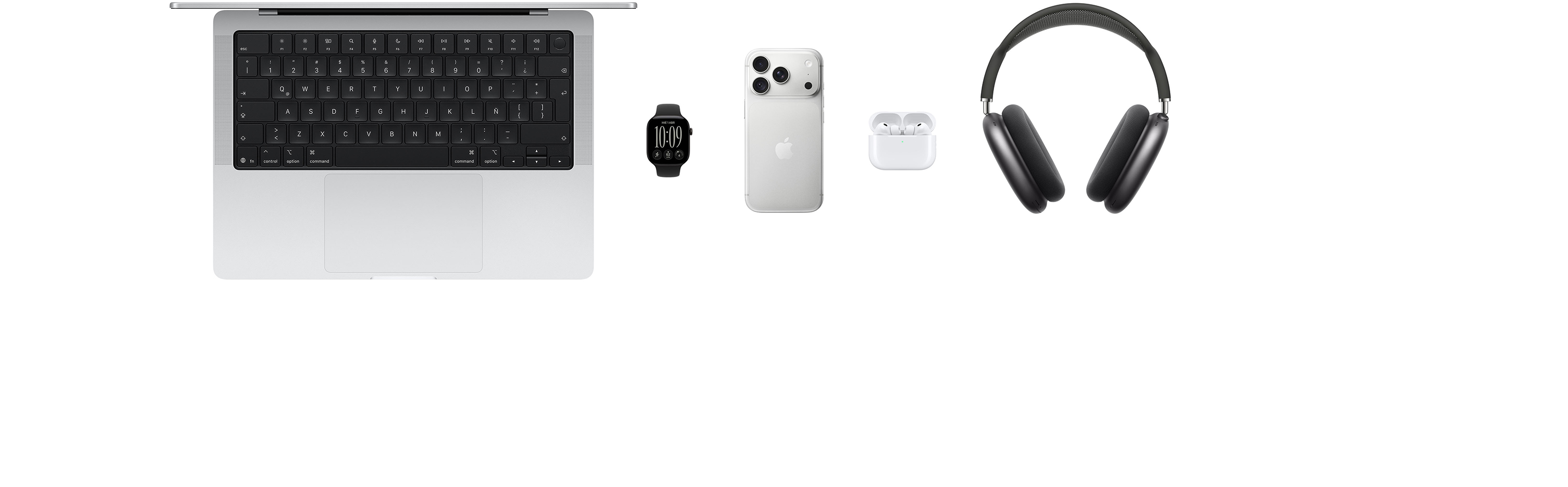 Varios productos Apple, como una MacBook Pro, un Apple Watch Series 12, un iPhone 18 Pro, unos AirPods Pro 3, unos AirPods Max y un Apple Vision Pro
