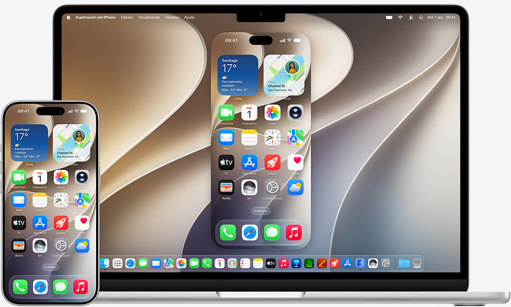 Modelos de un iPhone y un MacBook uno al lado del otro que muestran cómo se duplica la pantalla del teléfono en el MacBook, con un fondo de pantalla genérico