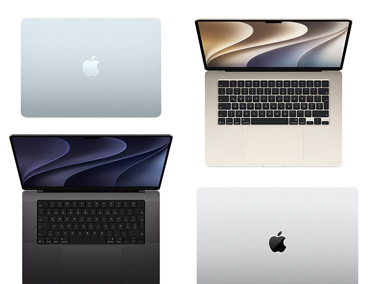 Cuatro modelos de computadores Mac en distintos tamaños y colores que muestran la amplia gama de opciones de personalización