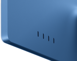 iMac, pohled zezadu, modrá barva, čtyři porty Thunderbolt 4