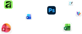 Na obrazovce se vznášejí ikony různých aplikací jako Microsoft Word, Adobe Photoshop, Canva a Figma