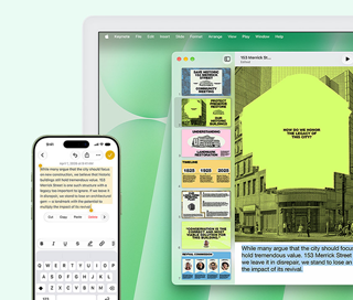 iMac a iPhone vedle sebe. Text zkopírovaný z&nbsp;aplikace Poznámky na iPhonu se vloží na iMacu.