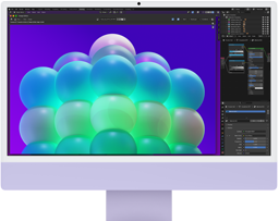 Pohled zepředu na fialový iMac, na kterém se zobrazuje grafika s barevnými bublinami v aplikaci na upravování obrázků