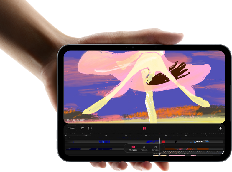 Pohled zepředu na iPad mini držený v ruce, na obrazovce jsou barevné klipy v rozhraní na úpravy videa, pod nimi zmínka o čipu A20 Pro
