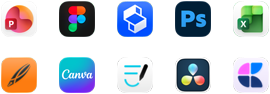Deset ikon aplikací ve dvou řadách: PowerPoint, Figma, Shapr3D, Photoshop, Excel, Linearity, Canva, GoodNotes, DaVinci Resolve, Craft