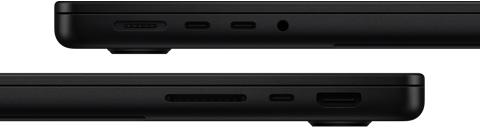 Porty MacBooku Pro – levá strana: MagSafe, dva porty Thunderbolt, sluchátkový konektor – pravá strana: SDXC, jeden port Thunderbolt, HDMI