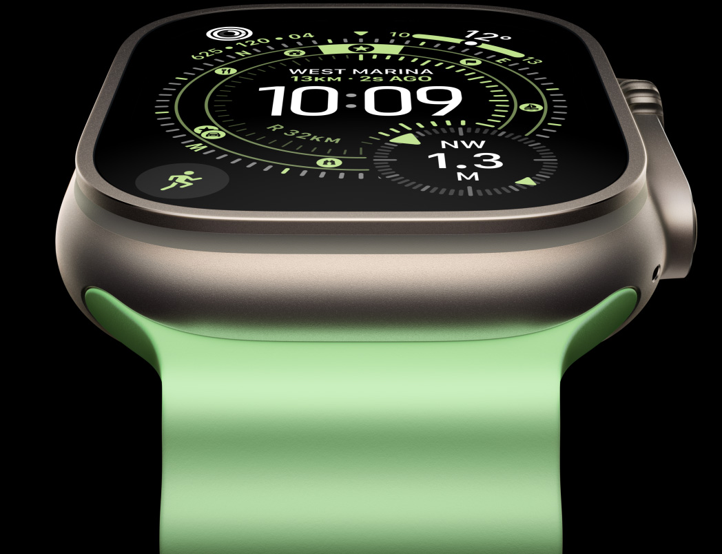 Apple Watch Ultra 3,  titanium case, natural color, compass on Orienteering watch face, Ocean Band, neon green color