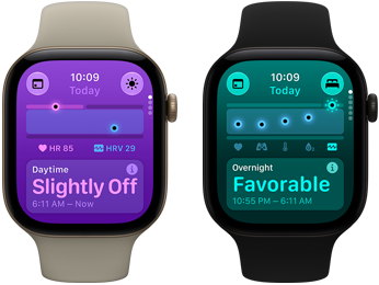 Kaks Apple Watch Series 12 seadet: alumiiniumkorpus, toonis hele kuld, päevased tervisenäitajad on veidi tavapärasest erinevad, Digital Crown, liiva toonis Sport Band, alumiiniumkorpus, must toon, öised tervisenäitajad head, Digital Crown, must Sport Band