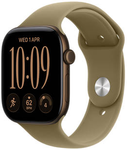 Apple Watch Series 12, alumiiniumist korpus, tumeda pronksi toon, Modular Compact sihverplaat, komplikatsioonid: päev ja kuupäev, jooksutreening, pulss, valmisolek, parema külje vaade, Digital Crown, külgnupp, rihm Sport Band, oliivi toon
