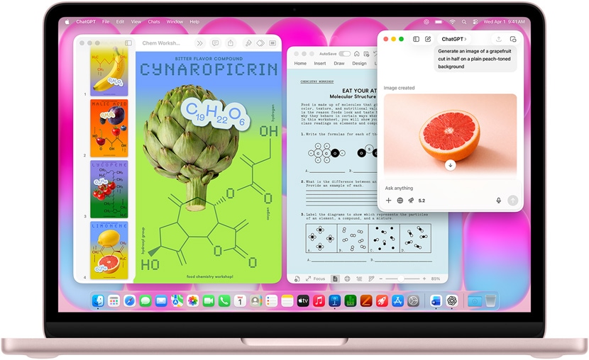 Õrnroosa MacBook Neo, kasutades ChatGPT-d greibist pildi loomiseks; teistes akendes on Keynote’i dokument pealkirjaga „Molecule posters“ puu- ja köögiviljade piltide ning nendega seotud molekulaarühenditega ja seonduv Microsoft Wordi dokument