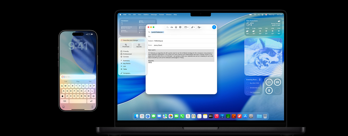 En iPhone og en Mac viser Apple Intelligence sammen med macOS Tahoe-skærmskåneren.