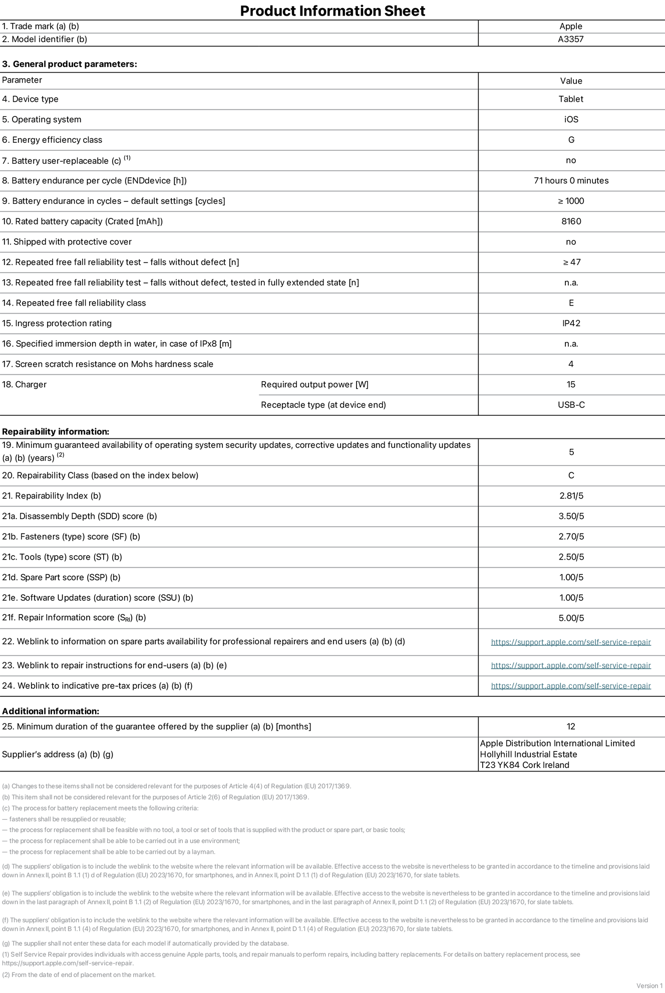 Product information sheet for 11-inch iPad Pro M5 Wi-Fi, model A3357. Supplied by Apple Distribution International Limited, Hollyhill Industrial Estate. Cork, Ireland, T23 YK84. Device type: tablet. Operating system: iOS. Energy efficiency class: G. Battery user-replaceable: no. Battery endurance per cycle: 71 hours. Battery endurance in cycles — default settings: greater than or equal to 1,000. Rated battery capacity: 8,160 milliampere-hours. Shipped with protective cover: no. Repeated free fall reliability test — falls without defect: greater than or equal to 47. Repeated free fall reliability test — falls without defect tested in fully extended state: not applicable. Repeated free fall in reliability class: E. Ingress protection rating: IP42. Specified immersion depth in water, in case of iPx8: not applicable. Screen scratch resistance on Mohs hardness scale: 4. Charger required output power: 15 watts. Charger receptacle type (at device end): USB-C. Minimum guaranteed availability of operating system security updates, corrective updates and functionality updates: 5 years. Repairability class: C. Repairability index: 2.81/5. Disassembly Depth (SDD) score: 3.50/5. Fasteners score: 2.70/5. Tools score: 2.50/5. Spare part score: 1.00/5. Software updates score: 1.00/5. Repair information score: 5.00/5. Weblink to information on spare parts availability for professional repairers and end-users: https://support.online-now.beer/self-service-repair. Weblink to repair instructions for end-users: https://support.online-now.beer/self-service-repair. Weblink to indicative pre-tax prices: https://support.online-now.beer/self-service-repair. 12 month general guarantee offered.