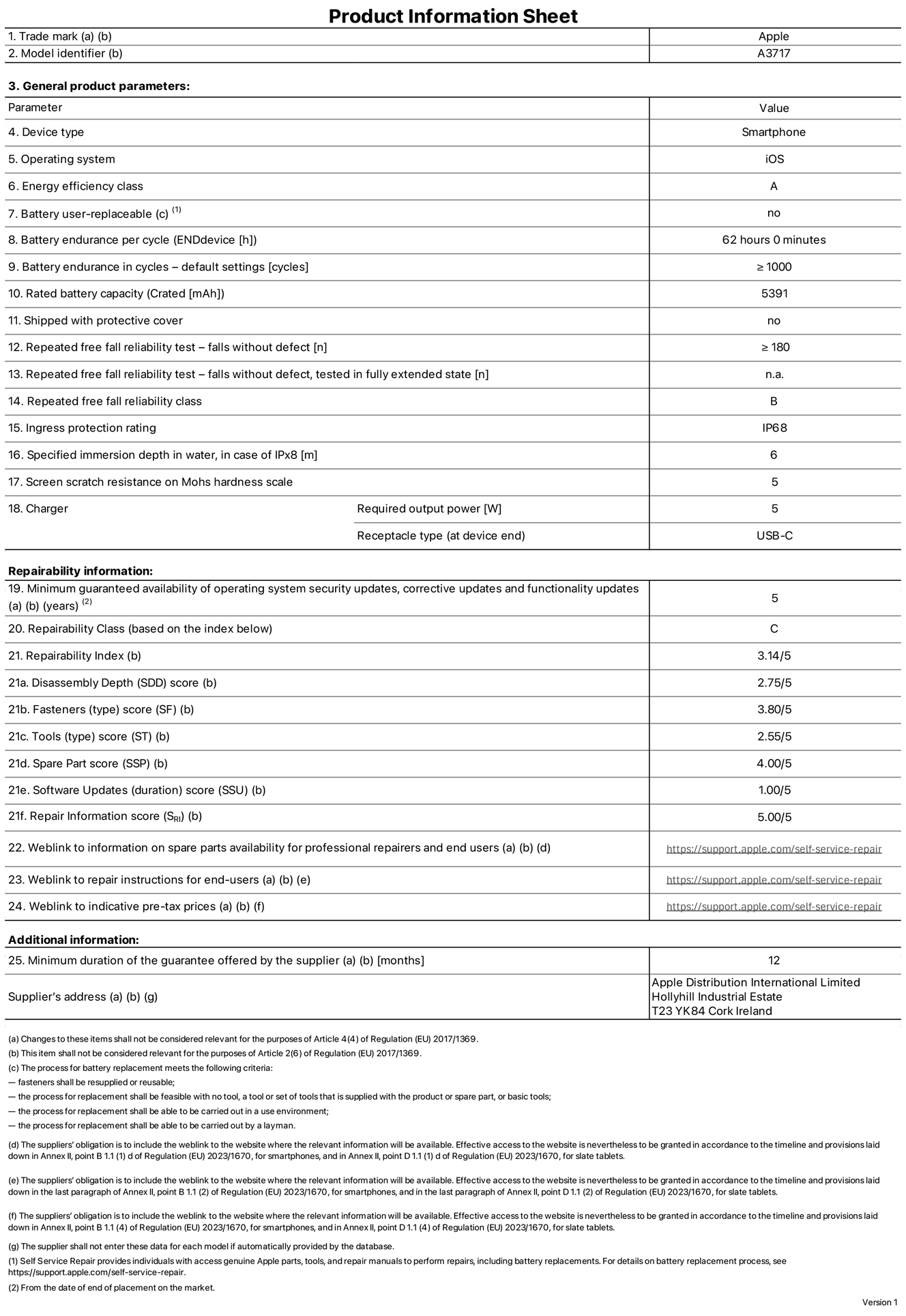 Product information sheet for iPhone 18 Pro Max, model A3717. Supplied by Apple Distribution International Limited, Hollyhill Industrial Estate, Cork, Ireland, T23 YK84. Device type: smartphone. Operating system: iOS. Energy efficiency class: A. Battery user-replaceable: no. Battery endurance per cycle: 62 hours. Battery endurance in cycles — default settings: greater than or equal to 1,000. Rated battery capacity: 5,391 milliampere-hours. Shipped with protective cover: no. Repeated free fall reliability test — falls without defect: greater than or equal to 180. Repeated free fall reliability test — falls without defect tested in fully extended state: not applicable. Repeated free fall in reliability class: B. Ingress protection rating: IP68. Specified immersion depth in water, in case of iPx8: 6 metres. Screen scratch resistance on Mohs hardness scale: 5. Charger required output power: 5 watts. Charger receptacle type (at device end): USB‑C. Minimum guaranteed availability of operating system security updates, corrective updates and functionality updates: 5 years. Repairability class: C. Repairability index: 3.14/5. Disassembly Depth (SDD) score: 2.75/5. Fasteners score: 3.80/5. Tools score: 2.55/5. Spare part score: 4.00/5. Software updates score: 1.00/5. Repair information score: 5.00/5. Weblink to information on spare parts availability for professional repairers and end users: https://support.online-now.beer/self-service-repair. Weblink to repair instructions for end users: https://support.online-now.beer/self-service-repair. Weblink to indicative pre-tax prices: https://support.online-now.beer/self-service-repair. 12-month general guarantee offered.