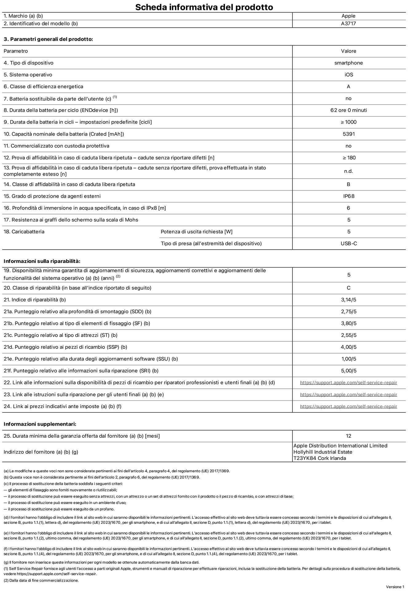Scheda informativa del prodotto per iPhone 18 Pro Max, modello A3717. Fornito da Apple Distribution International Limited, Hollyhill Industrial Estate, T23 YK84, Cork, Irlanda. Tipo di dispositivo: smartphone. Sistema operativo: iOS. Classe di efficienza energetica: A. Batteria sostituibile da parte dell’utente: no. Durata della batteria per ciclo: 62 ore. Durata della batteria in cicli (impostazioni predefinite): maggiore o uguale a 1000. Capacità nominale della batteria: 5391 milliampere-ora. Commercializzato con custodia protettiva: no. Prova di affidabilità in caso di caduta libera ripetuta (cadute senza riportare difetti): maggiore o uguale a 180. Prova di affidabilità in caso di caduta libera ripetuta (cadute senza riportare difetti, prova effettuata in stato completamente esteso): non disponibile. Classe di affidabilità nel caso di caduta libera ripetuta: B. Grado di protezione da agenti esterni: IP68. Profondità di immersione in acqua specificata, in caso di IPx8: 6 metri. Resistenza ai graffi dello schermo sulla scala di Mohs: 5. Potenza di uscita richiesta per il caricabatterie: 5W. Tipo di presa per il caricabatterie (all’estremità del dispositivo): USB-C. Disponibilità minima garantita di aggiornamenti di sicurezza, aggiornamenti correttivi e aggiornamenti delle funzionalità del sistema operativo: 5 anni. Classe di riparabilità: C. Indice di riparabilità: 3,14 su 5. Punteggio relativo alla profondità di smontaggio (SDD): 2,75 su 5. Punteggio relativo al tipo di elementi di fissaggio: 3,80 su 5. Punteggio relativo al tipo di attrezzi: 2,55 su 5. Punteggio relativo ai pezzi di ricambio: 4,00 su 5. Punteggio relativo alla durata degli aggiornamenti software: 1,00 su 5. Punteggio relativo alle informazioni sulla riparazione: 5,00 su 5. Link alle informazioni sulla disponibilità di pezzi di ricambio per riparatori professionisti e utenti finali: https://support.online-now.beer/self-service-repair. Link alle istruzioni sulla riparazione per gli utenti finali: https://support.online-now.beer/self-service-repair. Link ai prezzi indicativi ante imposte: https://support.online-now.beer/self-service-repair. È prevista una garanzia generale di 12 mesi.