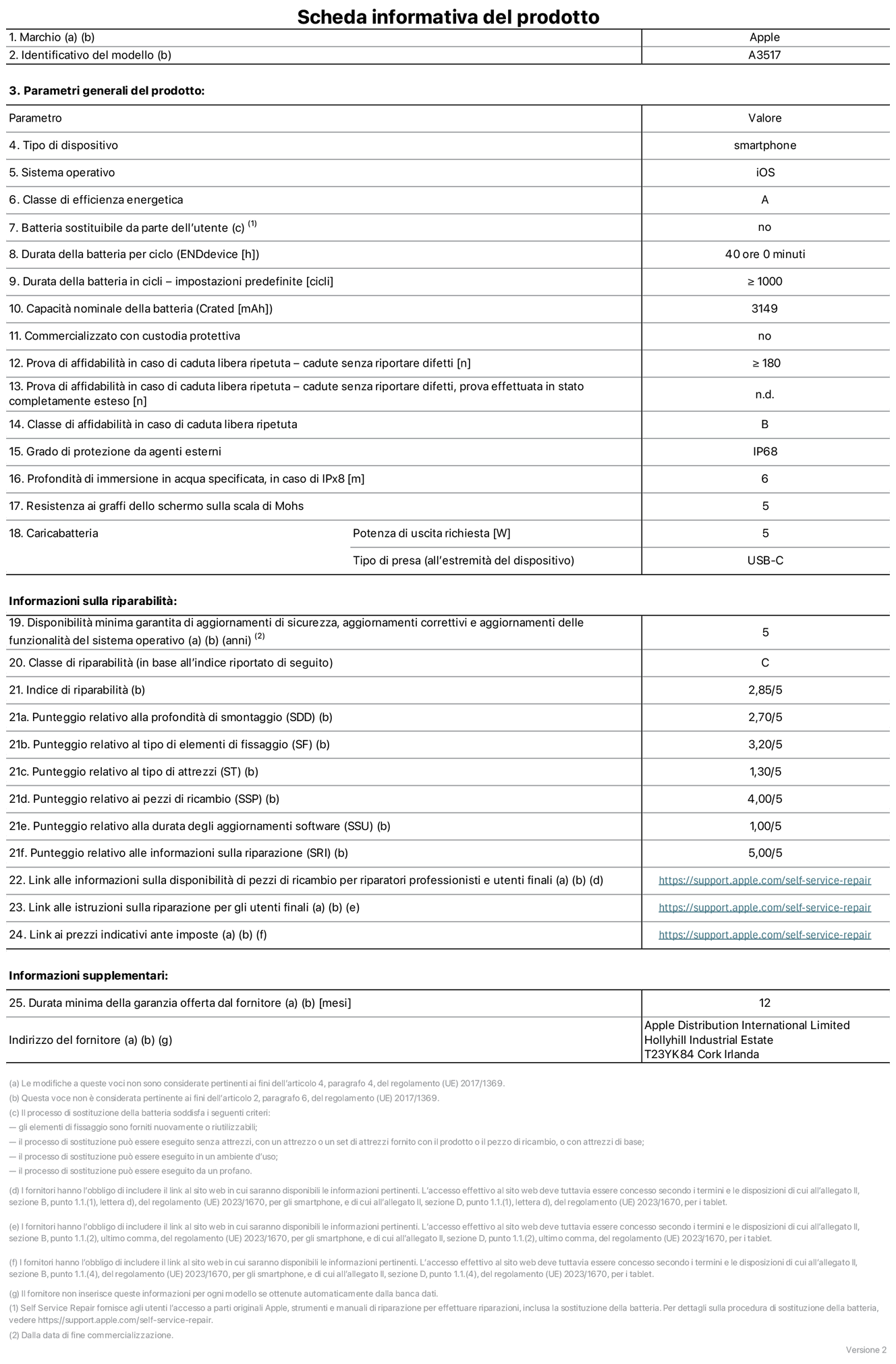 Scheda informativa del prodotto per iPhone Air, modello A3517. Fornito da Apple Distribution International Limited, Hollyhill Industrial Estate, T23 YK84, Cork, Irlanda. Tipo di dispositivo: smartphone. Sistema operativo: iOS. Classe di efficienza energetica: A. Batteria sostituibile da parte dell’utente: no. Durata della batteria per ciclo: 40 ore. Durata della batteria in cicli (impostazioni predefinite): maggiore o uguale a 1000. Capacità nominale della batteria: 3149 milliampere-ora. Commercializzato con custodia protettiva: no. Prova di affidabilità in caso di caduta libera ripetuta (cadute senza riportare difetti): maggiore o uguale a 180. Prova di affidabilità in caso di caduta libera ripetuta (cadute senza riportare difetti, prova effettuata in stato completamente esteso): non disponibile. Classe di affidabilità nel caso di caduta libera ripetuta: B. Grado di protezione da agenti esterni: IP68. Profondità di immersione in acqua specificata, in caso di IPx8: 6 metri. Resistenza ai graffi dello schermo sulla scala di Mohs: 5. Potenza di uscita richiesta per il caricabatterie: 5W. Tipo di presa per il caricabatterie (all’estremità del dispositivo): USB-C. Disponibilità minima garantita di aggiornamenti di sicurezza, aggiornamenti correttivi e aggiornamenti delle funzionalità del sistema operativo: 5 anni. Classe di riparabilità: C. Indice di riparabilità: 2,85 su 5. Punteggio relativo alla profondità di smontaggio (SDD): 2,70 su 5. Punteggio relativo al tipo di elementi di fissaggio: 3,20 su 5. Punteggio relativo al tipo di attrezzi: 1,30 su 5. Punteggio relativo ai pezzi di ricambio: 4,00 su 5. Punteggio relativo alla durata degli aggiornamenti software: 1,00 su 5. Punteggio relativo alle informazioni sulla riparazione: 5,00 su 5. Link alle informazioni sulla disponibilità di pezzi di ricambio per riparatori professionisti e utenti finali: https://support.online-now.beer/it-it/self-service-repair. Link alle istruzioni sulla riparazione per gli utenti finali: https://support.online-now.beer/it-it/self-service-repair. Link ai prezzi indicativi ante imposte: https://support.online-now.beer/it-it/self-service-repair. È prevista una garanzia generale di 12 mesi.