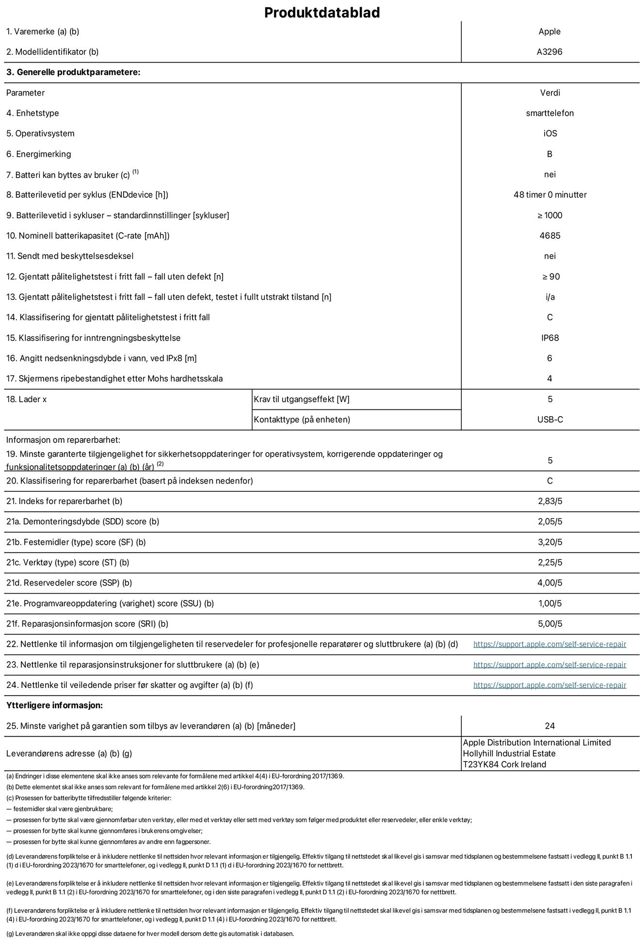 Produktdatablad for iPhone 16 Pro Max – modell A3296. Levert av Apple Distribution International Limited, Hollyhill Industrial Estate. Cork, Irland T23 YK84. Enhetstype: smarttelefon. Operativsystem: iOS. Energieffektivitetsklasse: B. Batteriet kan byttes av brukeren: nei. Batteriets holdbarhet per ladesyklus: 48 timer. Batteriets holdbarhet i antall ladesykluser - standardinnstillinger: større enn eller lik 1000. Nominell batterikapasitet: 4685 mAh. Leveres med beskyttelsesdeksel: nei. Holdbarhetstest ved gjentatte fall – antall fall uten feil: større enn eller lik 90. Holdbarhetstest ved gjentatte fall – antall fall uten feil i helt utfoldet tilstand: ikke aktuelt. Holdbarhetsklasse ved gjentatte fall: C. Kapslingsgrad: IP68. Angitt nedsenkingsdybde i vann ved IPx8: 6 meter. Skjermens ripefasthet på Mohs skala: 4. Krav til laderens utgangseffekt: 5 watt. Laderens stikkontakt (på enhetssiden): USB-C. Minstegaranti for tilgang på sikkerhetsoppdateringer, feilrettinger og funksjonsoppdateringer til operativsystemet: 5 år. Reparerbarhetsklasse: C. Reparerbarhetsindeks: 2,83/5. Demontering: 2,05/5. Festeanordninger: 3,20/5. Verktøy: 1,00/5. Reservedeler: 4,00/5. Programvareoppdateringer: 1,00/5. Informasjon om reparasjon: 5,00/5. Lenke til informasjon om tilgjengelighet for reservedeler for profesjonelle reparatører og sluttbrukere: https://support.online-now.beer/self-service-repair. Lenke til reparasjonsveiledning for sluttbrukere: https://support.online-now.beer/self-service-repair. Lenke til veiledende priser ekskl. mva: https://support.online-now.beer/self-service-repair. Produktet omfattes av en 12-måneders generell garanti.