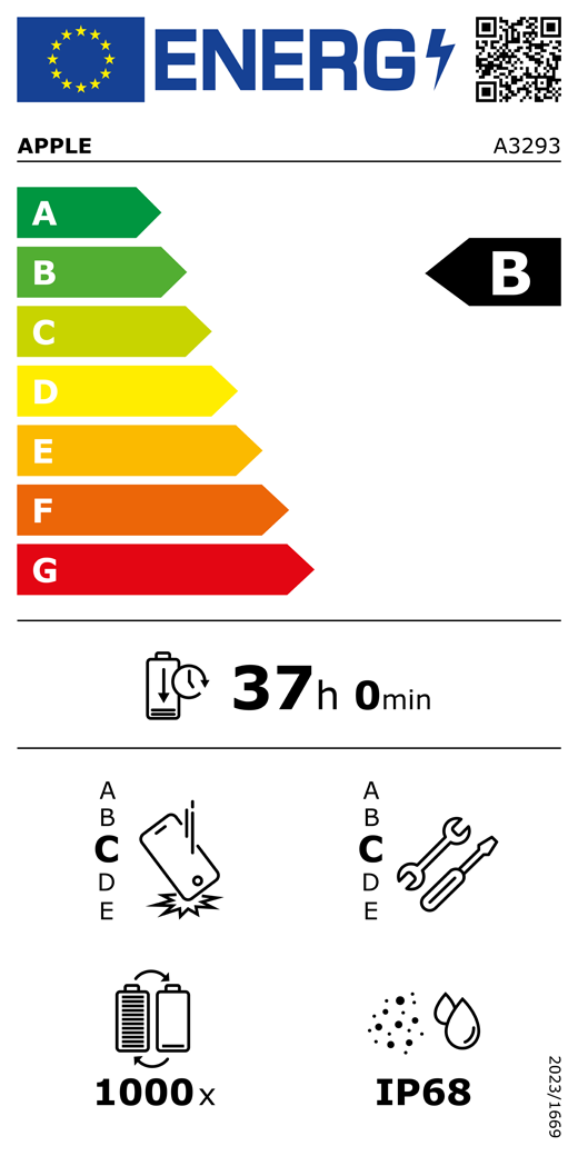 EU-Energielabel, QR Code und Informationen, Apple Modell A3293, Klasse B, Energieeffizienzklassen (auf einer Skala von A bis G), A (am effizientesten) bis G (am wenigsten effizient), Batterielaufzeit pro Zyklus, 37 Stunden und 0 Minuten pro voller Batterieladung, Sturzfestigkeit Klasse C für wiederholten freien Sturz, A (am robustesten) bis E (am wenigsten robust), Reparierbarkeit der Klasse C, A (am besten reparierbar) bis E (am wenigsten reparierbar), Batteriehaltbarkeit 1.000 Ladezyklen, Schutzart gegen Eindringen von Staub und Wasser (IP) IP68, Verordnung 2023/1669.