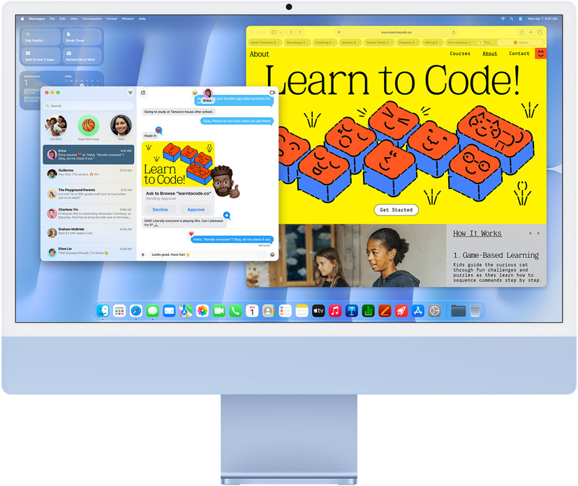 iMac, face avant, couleur bleue, affichant l’app Messages et un site web « Apprendre à coder ».