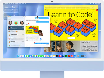 iMac, face avant, couleur bleue, affichant l’app Messages et un site web « Apprendre à coder »