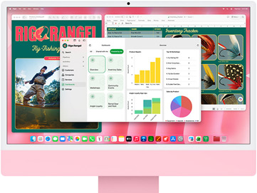 iMac, face avant, couleur rose, plusieurs apps ouvertes affichant un outil de suivi des stocks, le design d’un catalogue de pêche à la mouche et un tableau de bord professionnel
