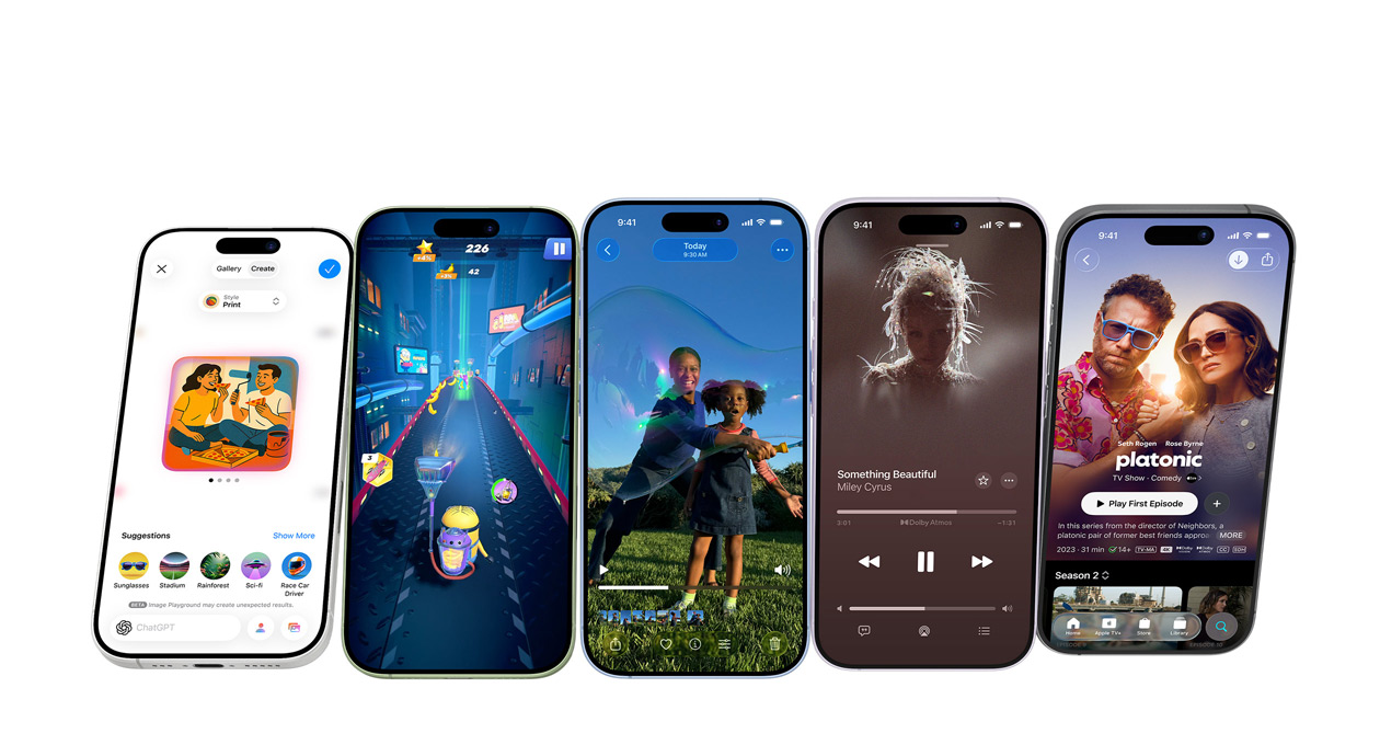 Dispositivos iPhone 17 em diferentes cores, com os ecrãs a mostrar várias apps
