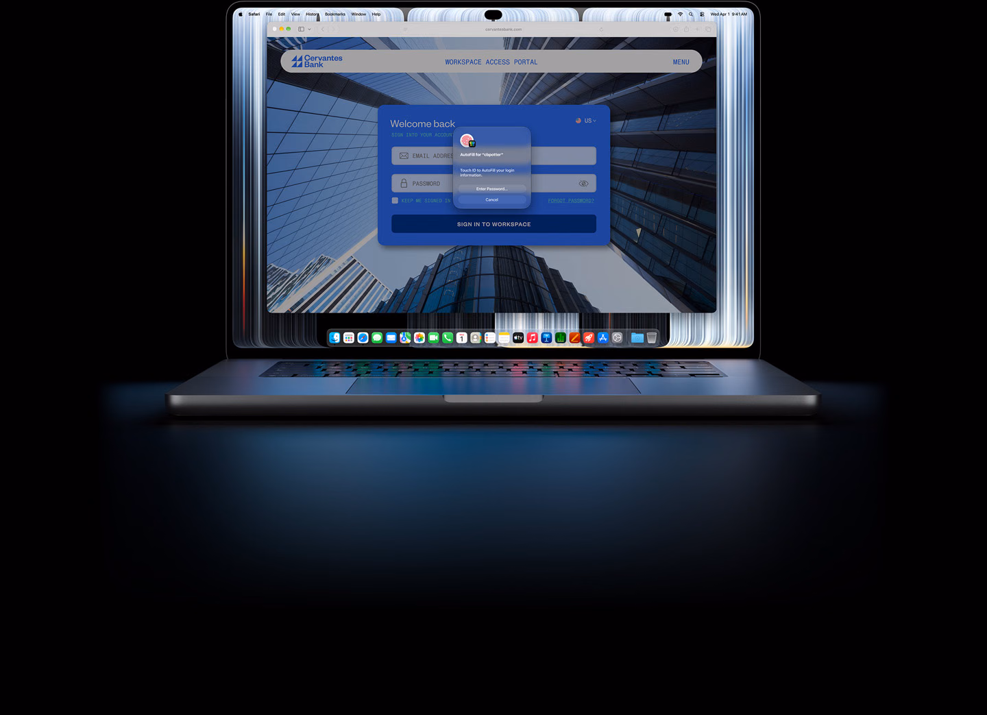 MacBook Pro med PROLED XDR-skærm, et lille Safari-vindue beder en bruger om at bruge touch ID eller indtaste loginoplysninger for at logge ind på et website