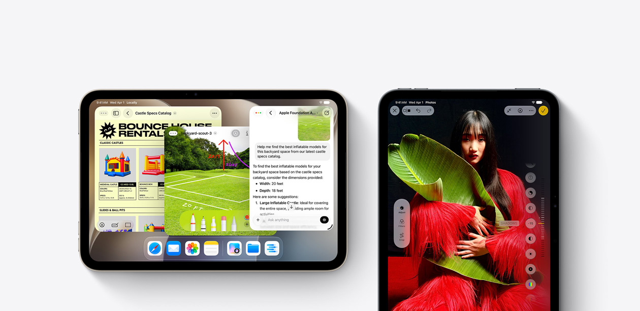 Etunäkymä iPad mini ‑laitteista, joissa useita appeja.