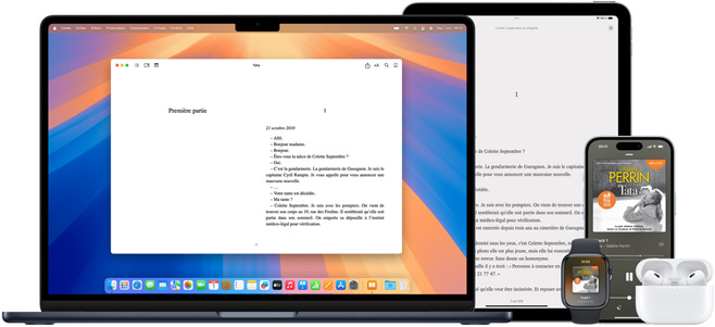 Le MacBook Pro et l’iPad Air affichent une page du même ebook dans l’app Livres. Les écrans de l’Apple Watch et de l’iPhone 15 affichent la couverture du même livre audio. Un boîtier d’AirPods Pro ouvert pour montrer les deux écouteurs AirPods Pro.