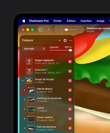 Outils de superposition de Pixelmator Pro, outils d’organisation, image graphique d’un hamburger pour une brochure