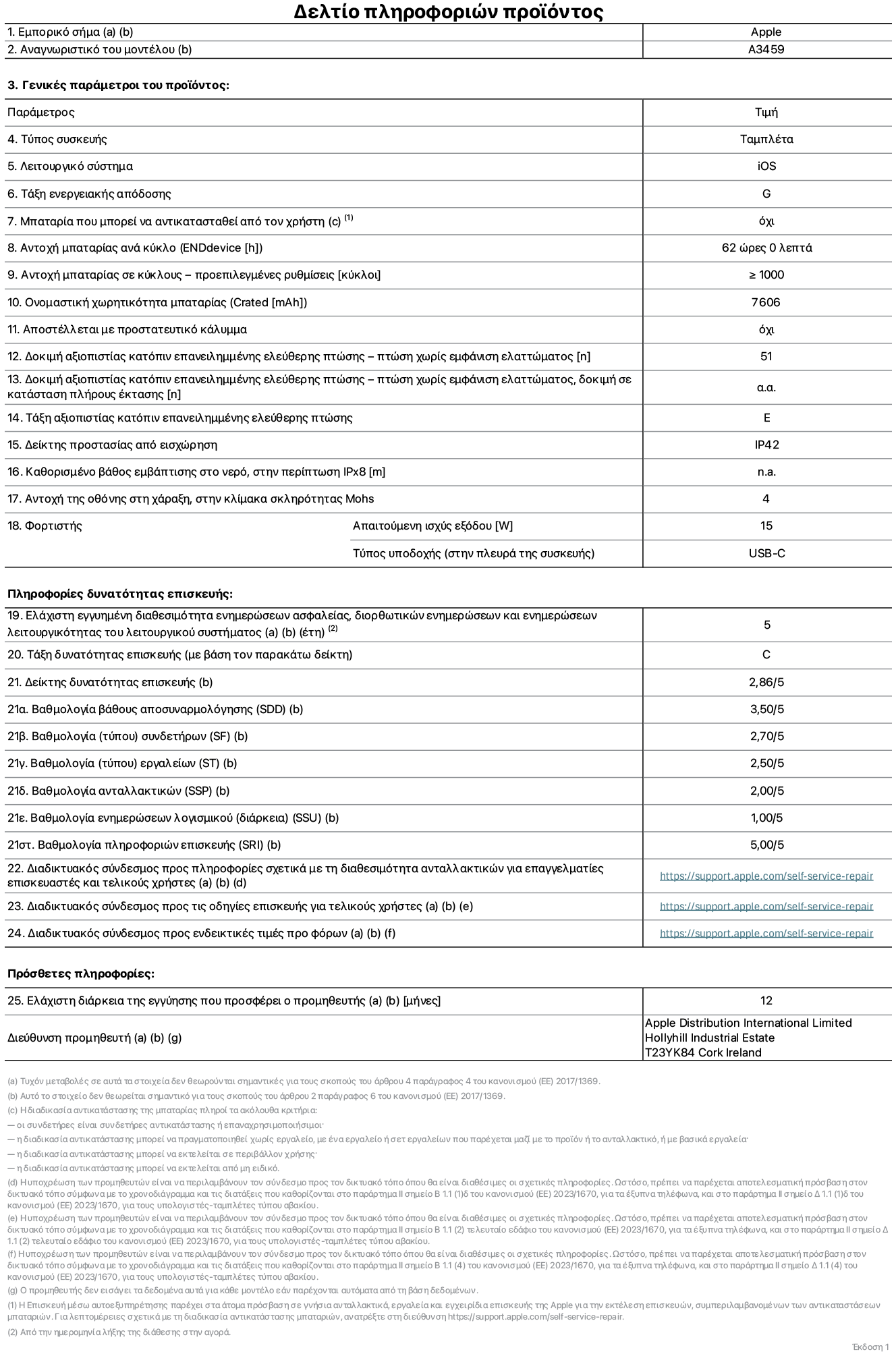 Φύλλο πληροφοριών προϊόντος για το iPad Air Wi-Fi 11 ιντσών, μοντέλο A3459. Παρέχεται από την Apple Distribution International Limited, Hollyhill Industrial Estate. Cork, Ιρλανδία, T23 YK84. Τύπος συσκευής: τάμπλετ. Λειτουργικό σύστημα: iOS. Τάξη ενεργειακής απόδοσης: G. Δυνατότητα αντικατάστασης μπαταρίας από τον χρήστη: όχι. Αντοχή μπαταρίας ανά κύκλο: 62 ώρες. Αντοχή μπαταρίας σε κύκλους - προεπιλεγμένες ρυθμίσεις: μεγαλύτερη ή ίση του 1.000. Ονομαστική χωρητικότητα μπαταρίας: 7.606 μιλιαμπέρ-ώρα. Αποστέλλεται με προστατευτικό κάλυμμα: όχι. Δοκιμή αξιοπιστίας κατόπιν επανειλημμένης ελεύθερης πτώσης, πτώσεις χωρίς βλάβη: περισσότερες ή ίσες με 51. Δοκιμή αξιοπιστίας κατόπιν επανειλημμένης ελεύθερης πτώσης, πτώσεις χωρίς βλάβη σε κατάσταση πλήρους έκτασης: μη διαθέσιμο. Τάξη αξιοπιστίας κατόπιν επανειλημμένης ελεύθερης πτώσης: E. Αξιολόγηση προστασίας από εισχώρηση: IP42. Καθορισμένο βάθος εμβύθισης σε νερό, σε περίπτωση iPx8: μη διαθέσιμο. Ανθεκτικότητα οθόνης στις γρατζουνιές στην κλίμακα σκληρότητας Mohs: 4. Απαιτούμενη ισχύς εξόδου φορτιστή: 15 W. Τύπος υποδοχής ηλεκτρικού ρεύματος φορτιστή (στο άκρο της συσκευής): USB-C. Ελάχιστη εγγυημένη διαθεσιμότητα ενημερώσεων ασφαλείας, διορθωτικών ενημερώσεων και ενημερώσεων λειτουργικότητας λειτουργικού συστήματος: 5 έτη. Τάξη επιδιορθωσιμότητας: C. Δείκτης επιδιορθωσιμότητας: 2,86/5. Βαθμολογία βάθους αποσυναρμολόγησης (SDD): 3,50/5. Βαθμολογία συνδετήρων: 2,70/5. Βαθμολογία εργαλείων: 2,50/5. Βαθμολογία ανταλλακτικών: 2.00/5. Βαθμολογία ενημερώσεων λογισμικού: 1,00/5. Βαθμολογία πληροφοριών επιδιόρθωσης: 5,00/5. Διαδικτυακός σύνδεσμος με πληροφορίες για τη διαθεσιμότητα ανταλλακτικών για επαγγελματίες τεχνικούς και τελικούς χρήστες: https://support.online-now.beer/self-service-repair. Διαδικτυακός σύνδεσμος με πληροφορίες επιδιόρθωσης για τελικούς χρήστες: https://support.online-now.beer/self-service-repair. Διαδικτυακός σύνδεσμος με ενδεικτικές τιμές προ φόρου: https://support.online-now.beer/self-service-repair. Προσφέρεται 12μηνη γενική εγγύηση.