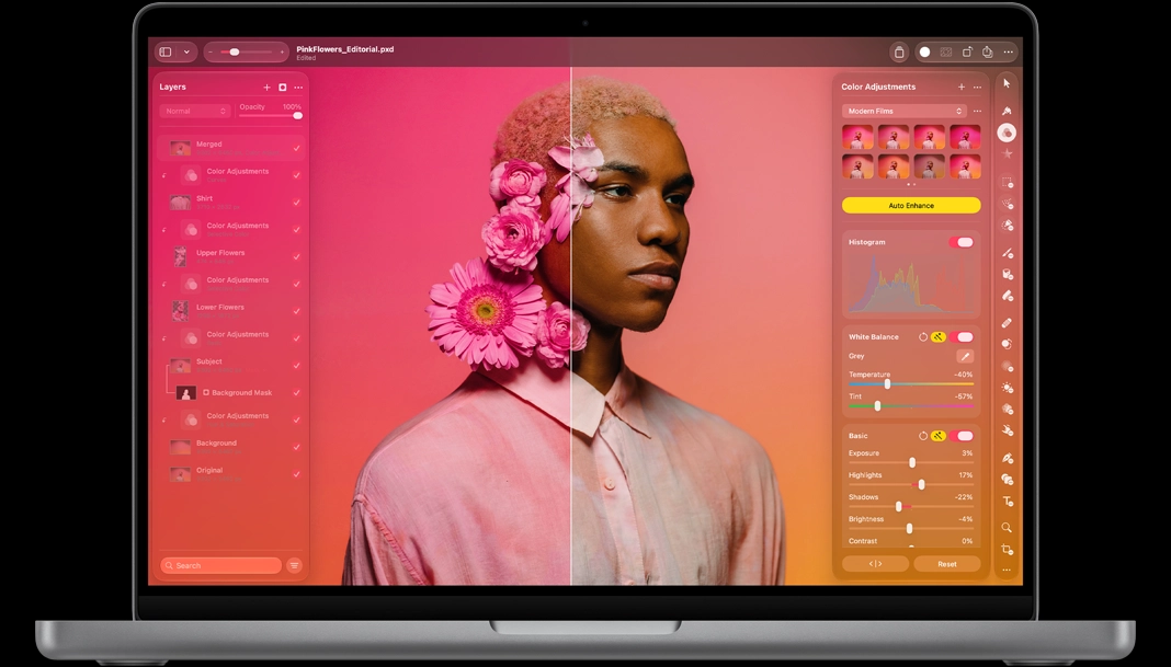 Screen showing Pixelmator Pro, split before and after portrait, pink flowers in subject's hair, left side vibrant pink color tones, right side neutral tones, Layers panel on left, Color Adjustments panel on right