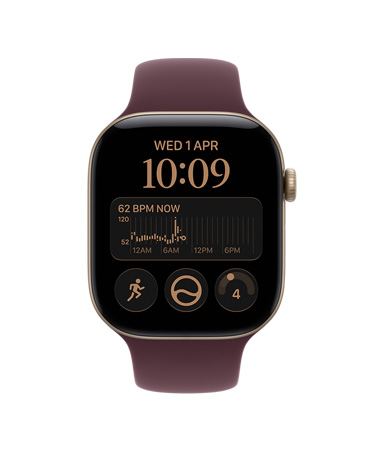 Apple Watch Series 12，淺金色鋁金屬錶殼，配搭布根地紅色運動錶帶，展示 Siri 組合錶面上的複雜功能，包括心率、跑步體能訓練、身體狀態