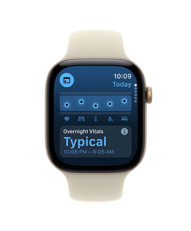 Apple Watch Series 12，淺金色鋁金屬錶殼，配搭沙色 (淡褐色) 運動錶帶，螢幕顯示夜間維生指數正常通知