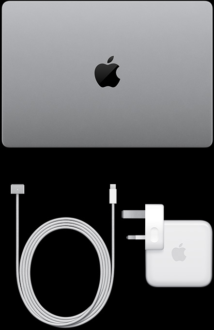 配備 PROLED XDR 顯示器的銀色 MacBook Pro 的俯視圖，呈合上狀態；USB-C 充電線和電源轉換器