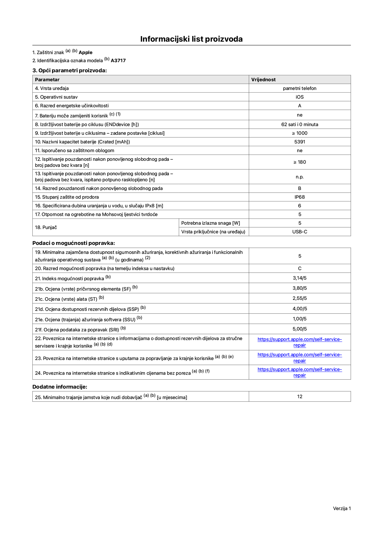 List s informacijama o proizvodu za iPhone 18 Pro Max, model A3717. Isporučuje Apple Distribution International Limited, Hollyhill Industrial Estate. Cork, Irska, T23 YK84. Vrsta uređaja: pametni telefon. Operativni sustav: iOS. Klasa energetske učinkovitosti: A. Baterija koju može zamijeniti korisnik: ne. Trajanje baterije po ciklusu: 62 sata. Trajanje baterije u ciklusima - zadane postavke: 1000 ili više. Nazivni kapacitet baterije: 5391 mAh. Isporučuje se za zaštitnom maskom: ne. Test pouzdanosti pri višekratnim slobodnim padovima – broj padova bez kvara: 180 ili više. Test pouzdanosti pri višekratnim slobodnim padovima – broj padova bez kvara testiranih u potpuno proširenom stanju: nije primjenjivo. Ponovljeni slobodni pad u klasi pouzdanosti: B. Ocjena zaštite od prodiranja: IP68. Specificirana dubina uranjanja u vodu, u slučaju zaštite IPx8: 6 metara. Otpornost na grebanje zaslona na Mohsovoj ljestvici tvrdoće: 5. Potrebna izlazna snaga punjača: 5 W. Vrsta utičnice punjača (na strani uređaja): USB-C. Minimalna zajamčena dostupnost sigurnosnih ažuriranja operativnog sustava, korektivnih ažuriranja i ažuriranja funkcija: 5 godina. Klasa popravljivosti: C. Indeks popravljivosti: 3.14/5. Ocjena dubine rastavljanja (SDD): 2.75/5. Ocjena pričvrsnih elemenata: 3.80/5. Ocjena alata: 2.55/5. Ocjena rezervnih dijelova: 4.00/5. Ocjena ažuriranja softvera: 1.00/5. Ocjena informacija o popravcima: 5.00/5. Poveznica koja vodi do informacija o dostupnosti rezervnih dijelova za profesionalne servisere i krajnje korisnike: https://support.online-now.beer/self-service-repair. Poveznica za upute za popravljanje za krajnje korisnike: https://support.online-now.beer/self-service-repair. Poveznica za indikativne cijene prije poreza: https://support.online-now.beer/self-service-repair. Ponuđeno je 12-mjesečno općenito jamstvo.