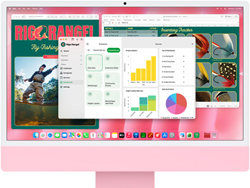 Rózsaszín iMac elölnézetből, a kijelzőjén több megnyitott alkalmazás egy készletnyilvántartással, egy műlegyes horgászati katalógus látványtervével és egy üzleti irányítópulttal