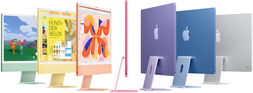 Hét iMac-modell zöld, sárga, narancs-, rózsaszín, lila, kék és ezüstszínben, harmonikaszerűen elrendezve