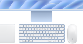 Magic Keyboard Touch ID‑val kék színben és Magic Mouse