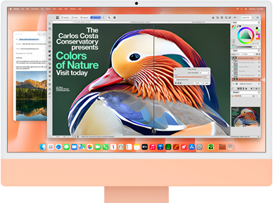 Narancsszínű iMac elölnézetből, a kijelzőn képszerkesztő alkalmazás AI-eszközökkel, a háttérben a Mail app